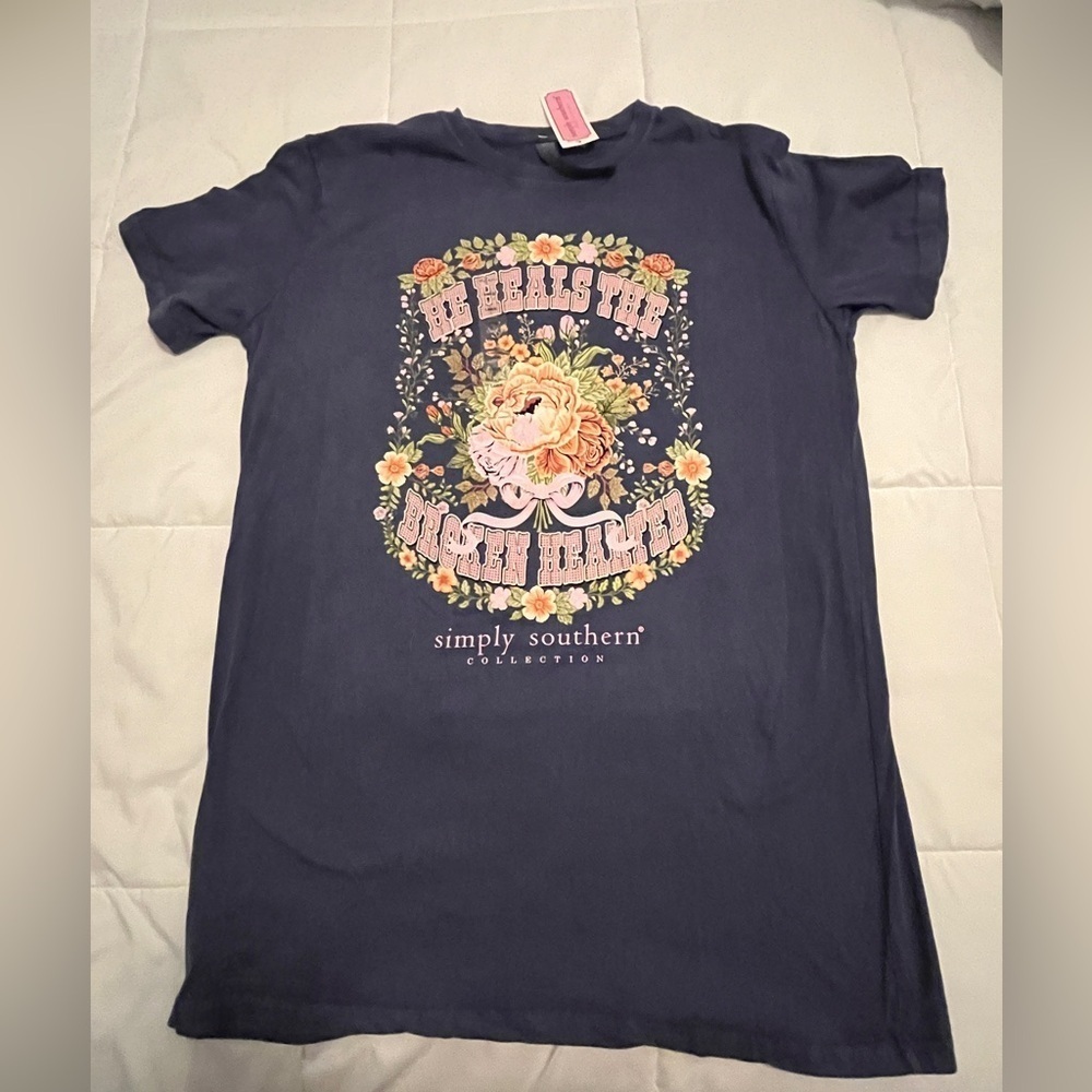 Simply Southern “He Heals The Broken Hearted” Size Large. Stone washed blue